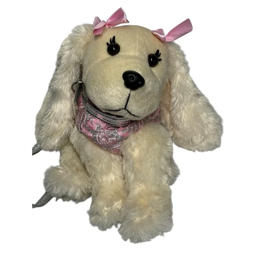 Stuffed Dog‎ Plush Purse Poochie & Co Pink Bows Sparkle Beige Puppy Silver Strap